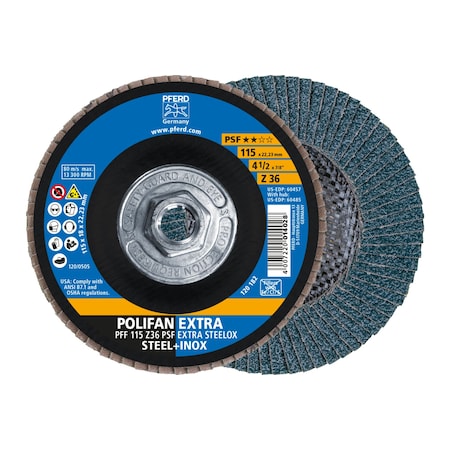 Pferd 4-1/2" x 5/8-11 Thd. POLIFAN Flap Disc - Z PSF EXTRA STEELOX, Zirconia, 36 Grit, Flat 60485